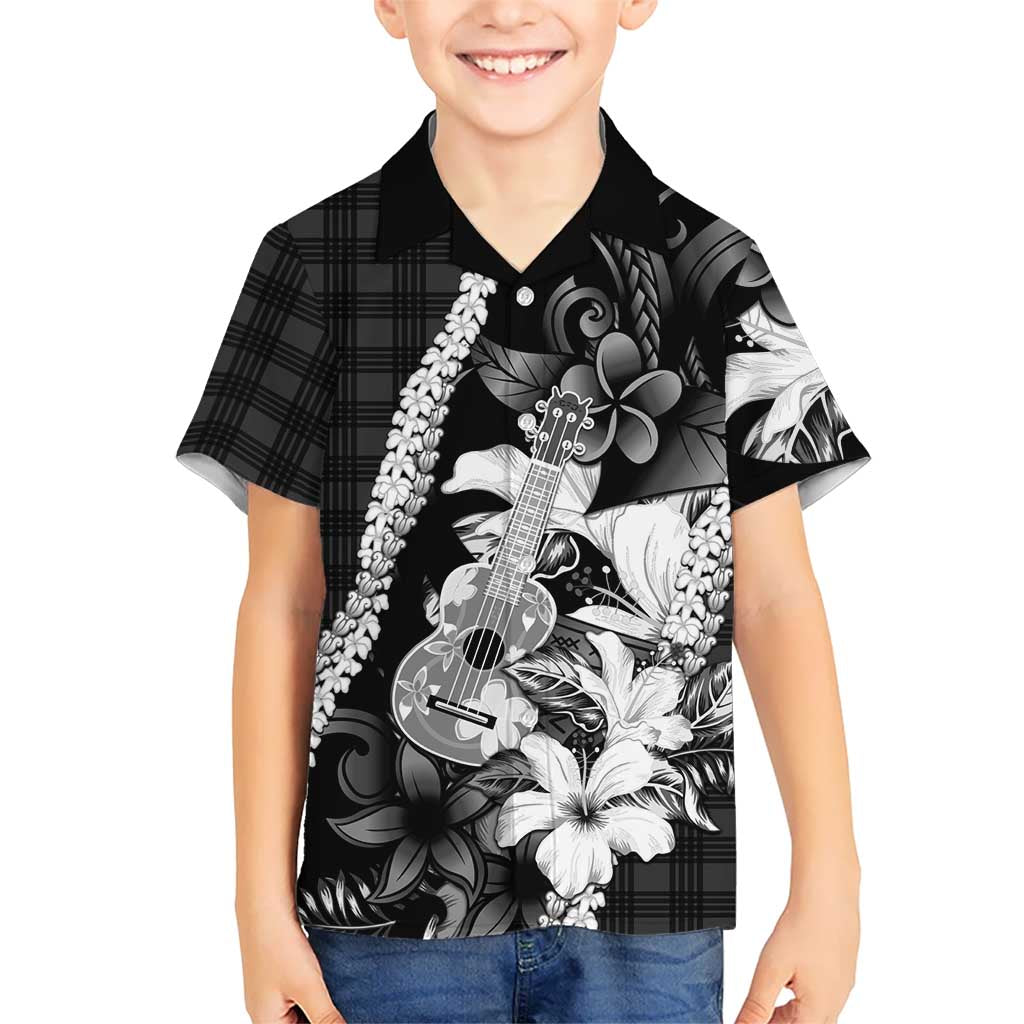 Hawaii Ukulele Family Matching Off Shoulder Maxi Dress and Hawaiian Shirt Tropical Flowers With Palaka Effect Black Version - Polynesian Pride