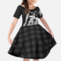 Hawaii Ukulele Family Matching Off Shoulder Short Dress and Hawaiian Shirt Tropical Flowers With Palaka Effect Black Version - Polynesian Pride