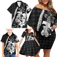 Hawaii Ukulele Family Matching Off Shoulder Short Dress and Hawaiian Shirt Tropical Flowers With Palaka Effect Black Version - Polynesian Pride