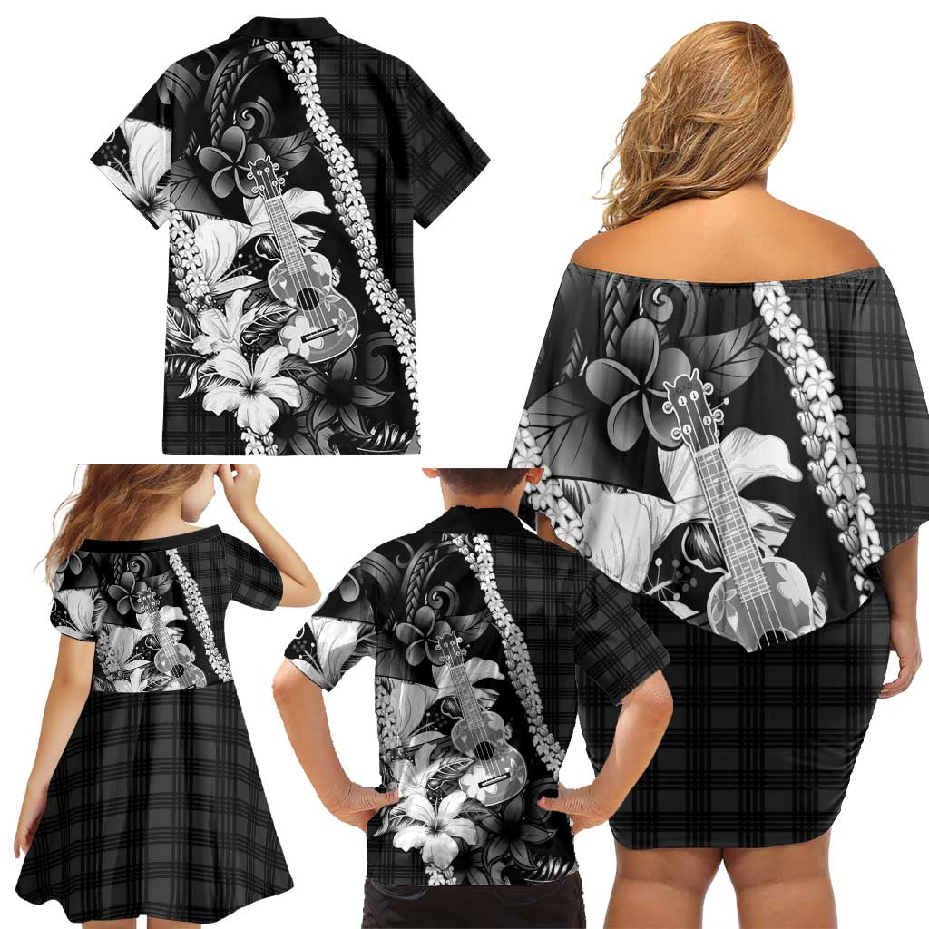 Hawaii Ukulele Family Matching Off Shoulder Short Dress and Hawaiian Shirt Tropical Flowers With Palaka Effect Black Version - Polynesian Pride