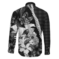 Hawaii Ukulele Family Matching Off Shoulder Short Dress and Hawaiian Shirt Tropical Flowers With Palaka Effect Black Version - Polynesian Pride