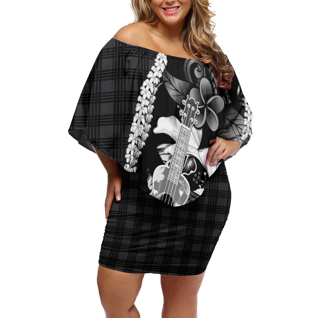 Hawaii Ukulele Family Matching Off Shoulder Short Dress and Hawaiian Shirt Tropical Flowers With Palaka Effect Black Version - Polynesian Pride