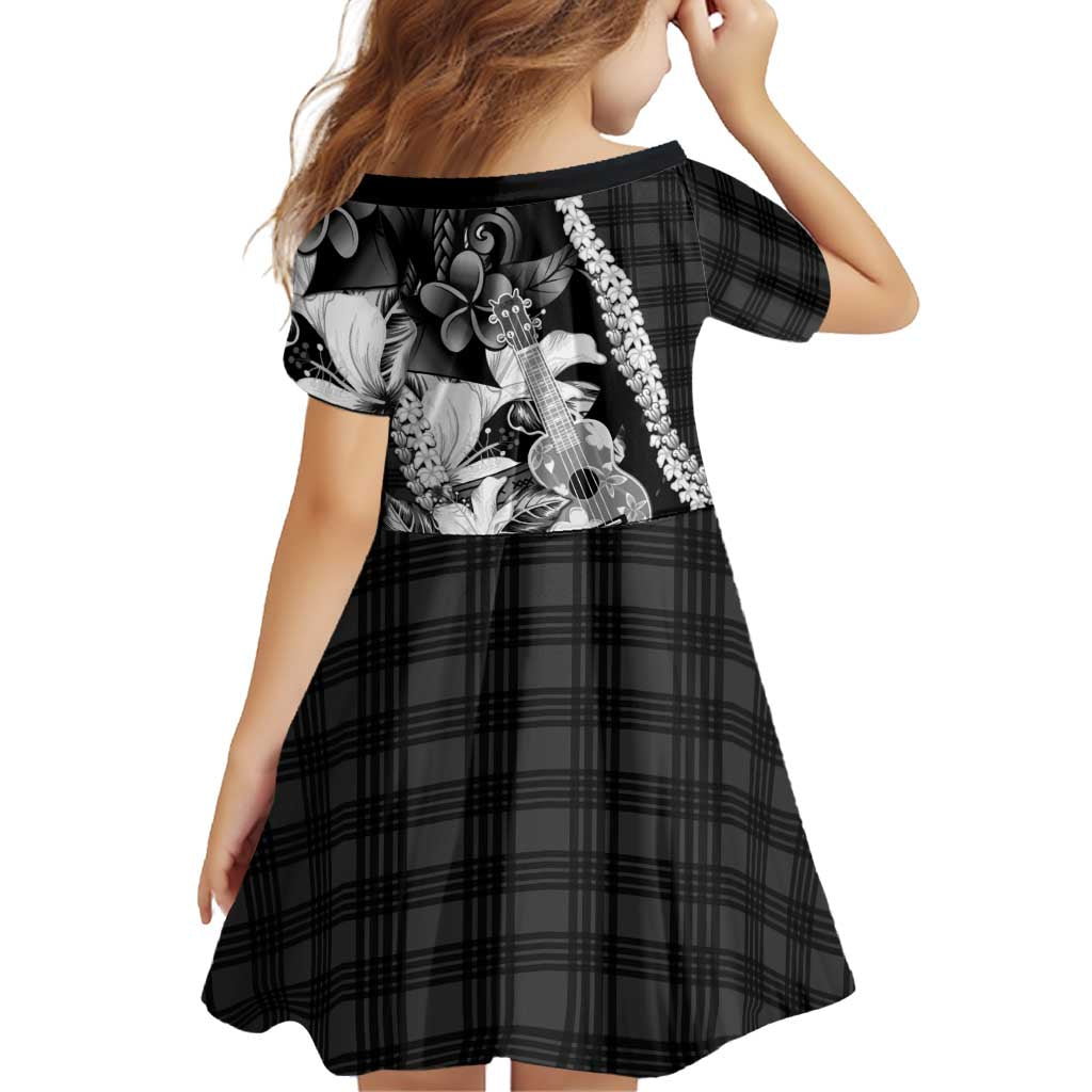 Hawaii Ukulele Family Matching Short Sleeve Bodycon Dress and Hawaiian Shirt Tropical Flowers With Palaka Effect Black Version LT05 - Polynesian Pride