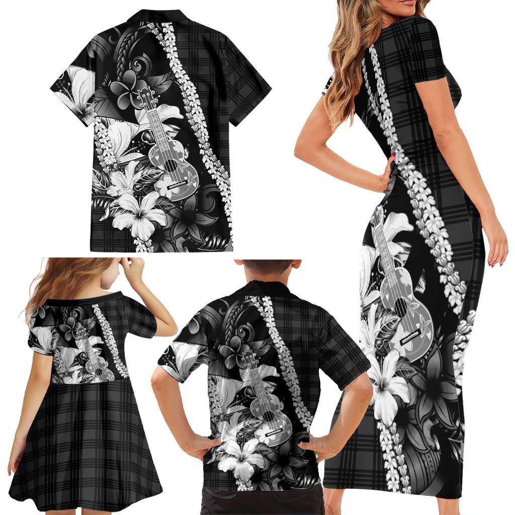 Hawaii Ukulele Family Matching Short Sleeve Bodycon Dress and Hawaiian Shirt Tropical Flowers With Palaka Effect Black Version LT05 - Polynesian Pride