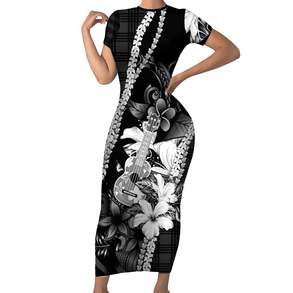 Hawaii Ukulele Family Matching Short Sleeve Bodycon Dress and Hawaiian Shirt Tropical Flowers With Palaka Effect Black Version LT05 Mom's Dress Black - Polynesian Pride