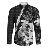 Hawaii Ukulele Family Matching Summer Maxi Dress and Hawaiian Shirt Tropical Flowers With Palaka Effect Black Version - Polynesian Pride