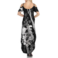 Hawaii Ukulele Family Matching Summer Maxi Dress and Hawaiian Shirt Tropical Flowers With Palaka Effect Black Version - Polynesian Pride