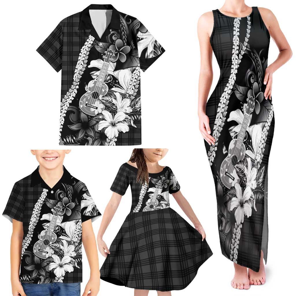 Hawaii Ukulele Family Matching Tank Maxi Dress and Hawaiian Shirt Tropical Flowers With Palaka Effect Black Version - Polynesian Pride