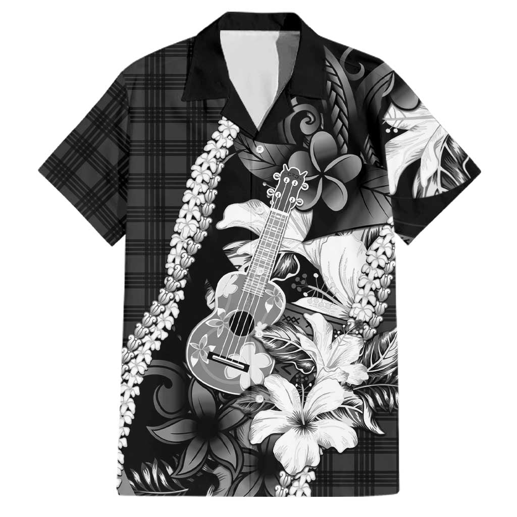Hawaii Ukulele Family Matching Tank Maxi Dress and Hawaiian Shirt Tropical Flowers With Palaka Effect Black Version - Polynesian Pride