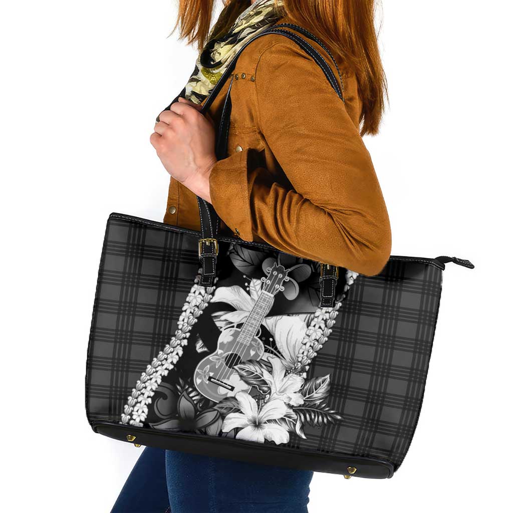 Hawaii Ukulele Leather Tote Bag Tropical Flowers With Palaka Effect Black Version - Polynesian Pride