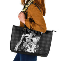 Hawaii Ukulele Leather Tote Bag Tropical Flowers With Palaka Effect Black Version - Polynesian Pride