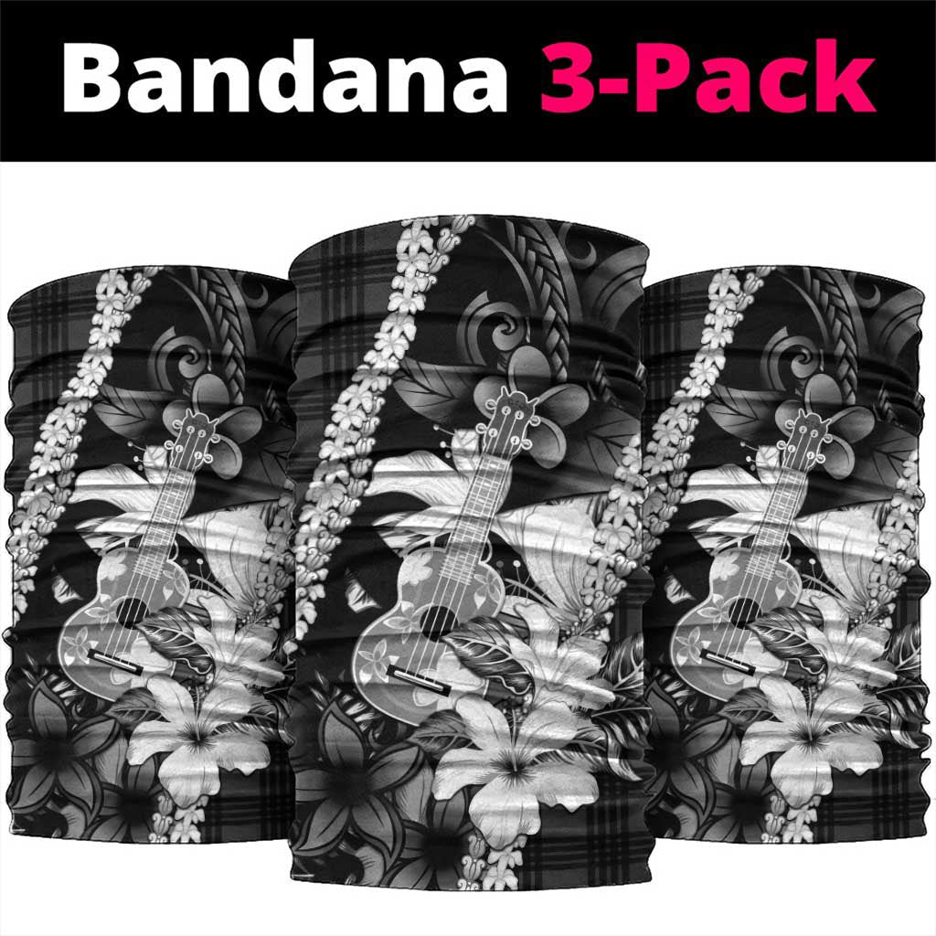 Hawaii Ukulele Neck Gaiter Tropical Flowers With Palaka Effect Black Version - Polynesian Pride