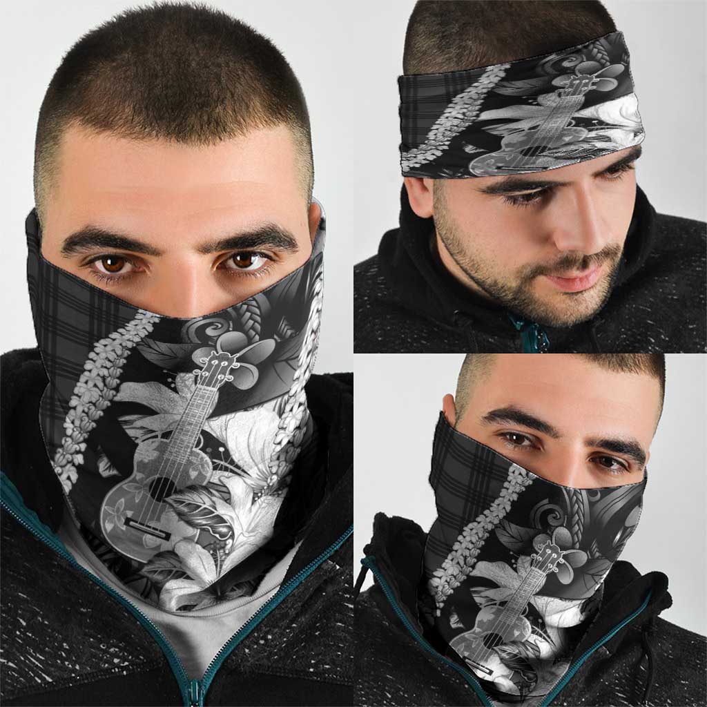 Hawaii Ukulele Neck Gaiter Tropical Flowers With Palaka Effect Black Version - Polynesian Pride