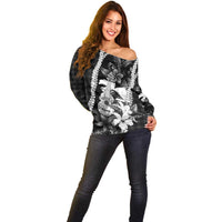 Hawaii Ukulele Off Shoulder Sweater Tropical Flowers With Palaka Effect Black Version - Polynesian Pride