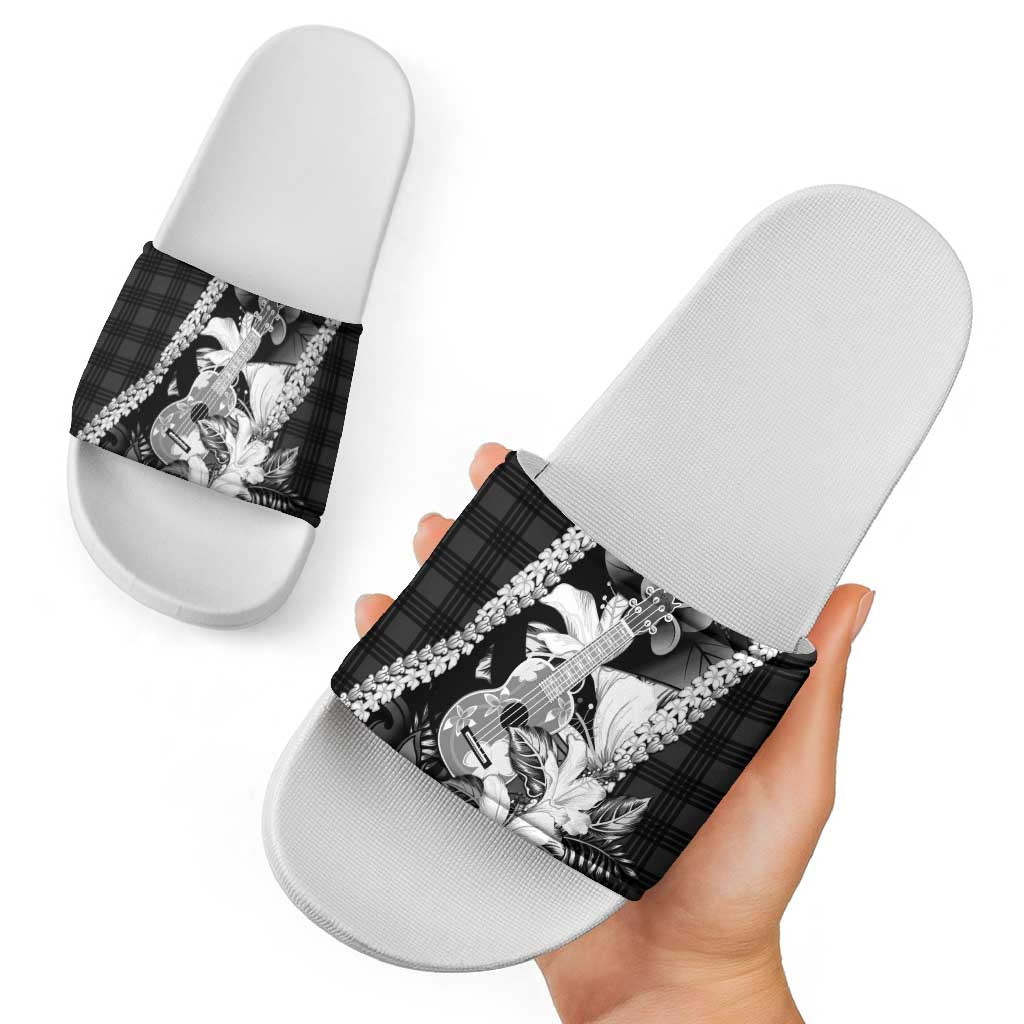 Hawaii Ukulele Slide Sandals Tropical Flowers With Palaka Effect Black Version - Polynesian Pride