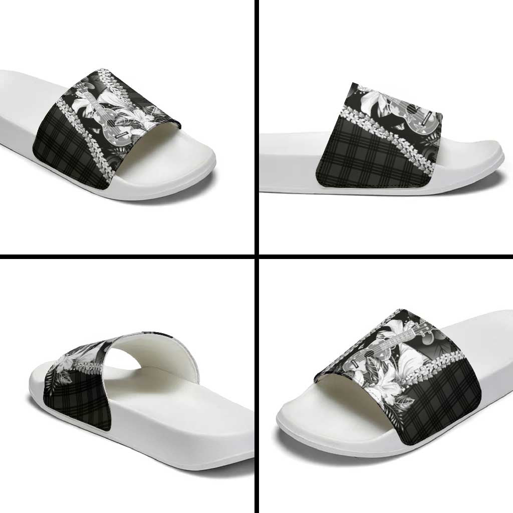 Hawaii Ukulele Slide Sandals Tropical Flowers With Palaka Effect Black Version - Polynesian Pride