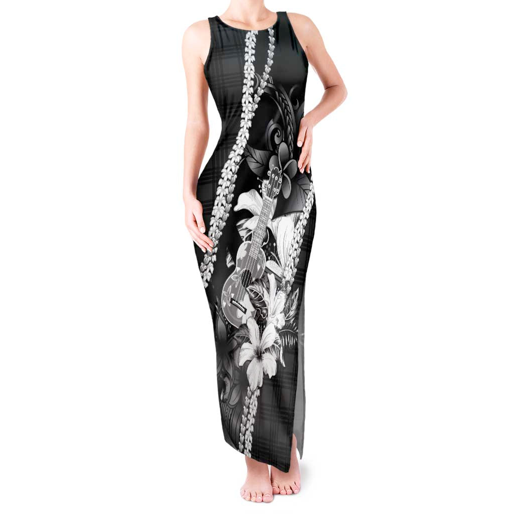 Hawaii Ukulele Tank Maxi Dress Tropical Flowers With Palaka Effect Black Version - Polynesian Pride