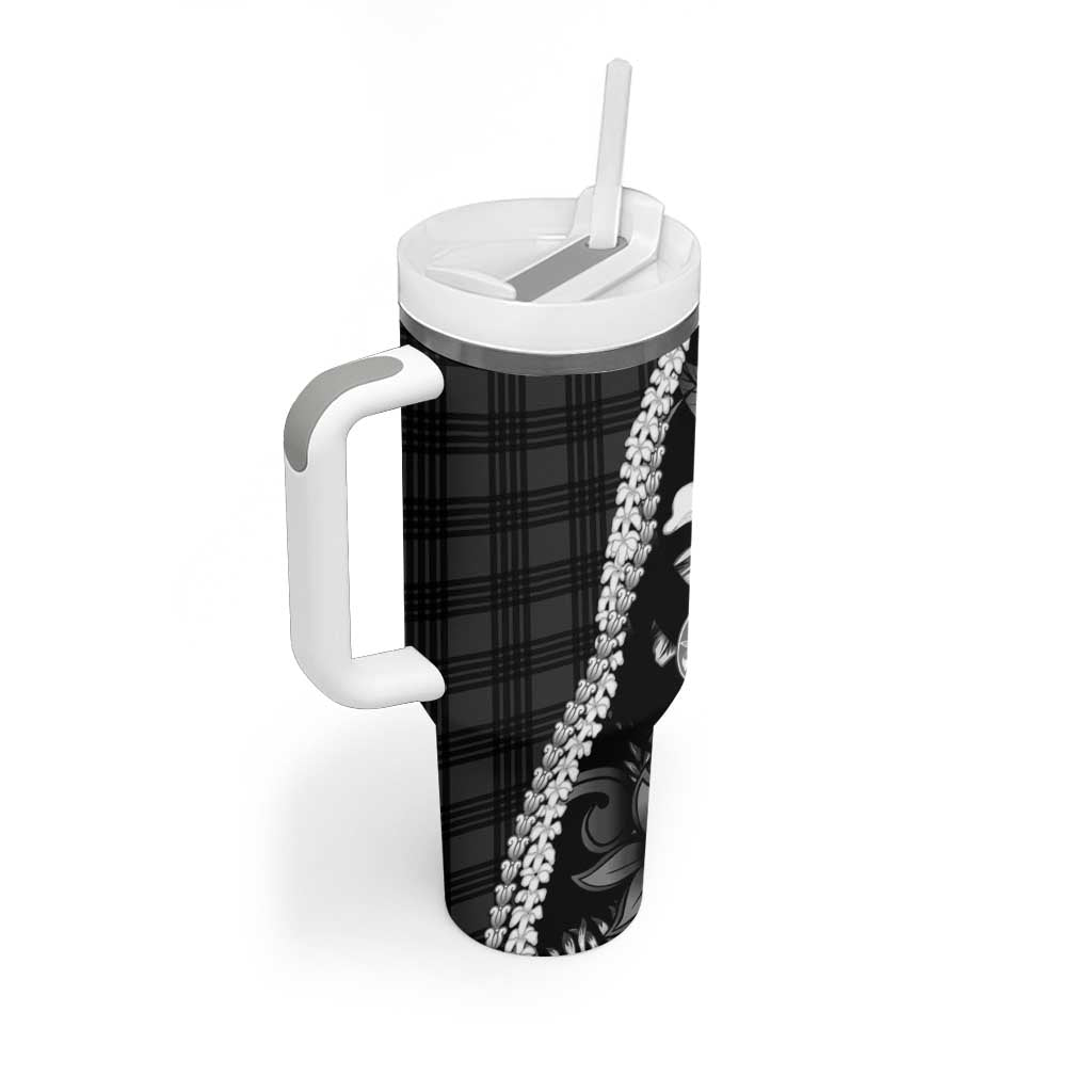 Hawaii Ukulele Tumbler With Handle Tropical Flowers With Palaka Effect Black Version - Polynesian Pride