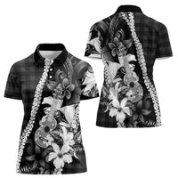 Hawaii Ukulele Women Polo Shirt Tropical Flowers With Palaka Effect Black Version - Polynesian Pride