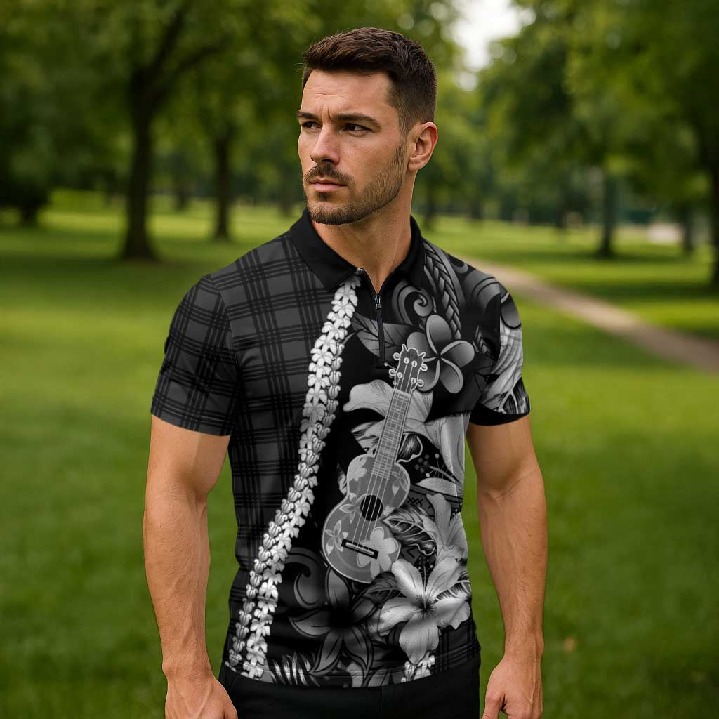 Hawaii Ukulele Zipper Polo Shirt Tropical Flowers With Palaka Effect Black Version - Polynesian Pride