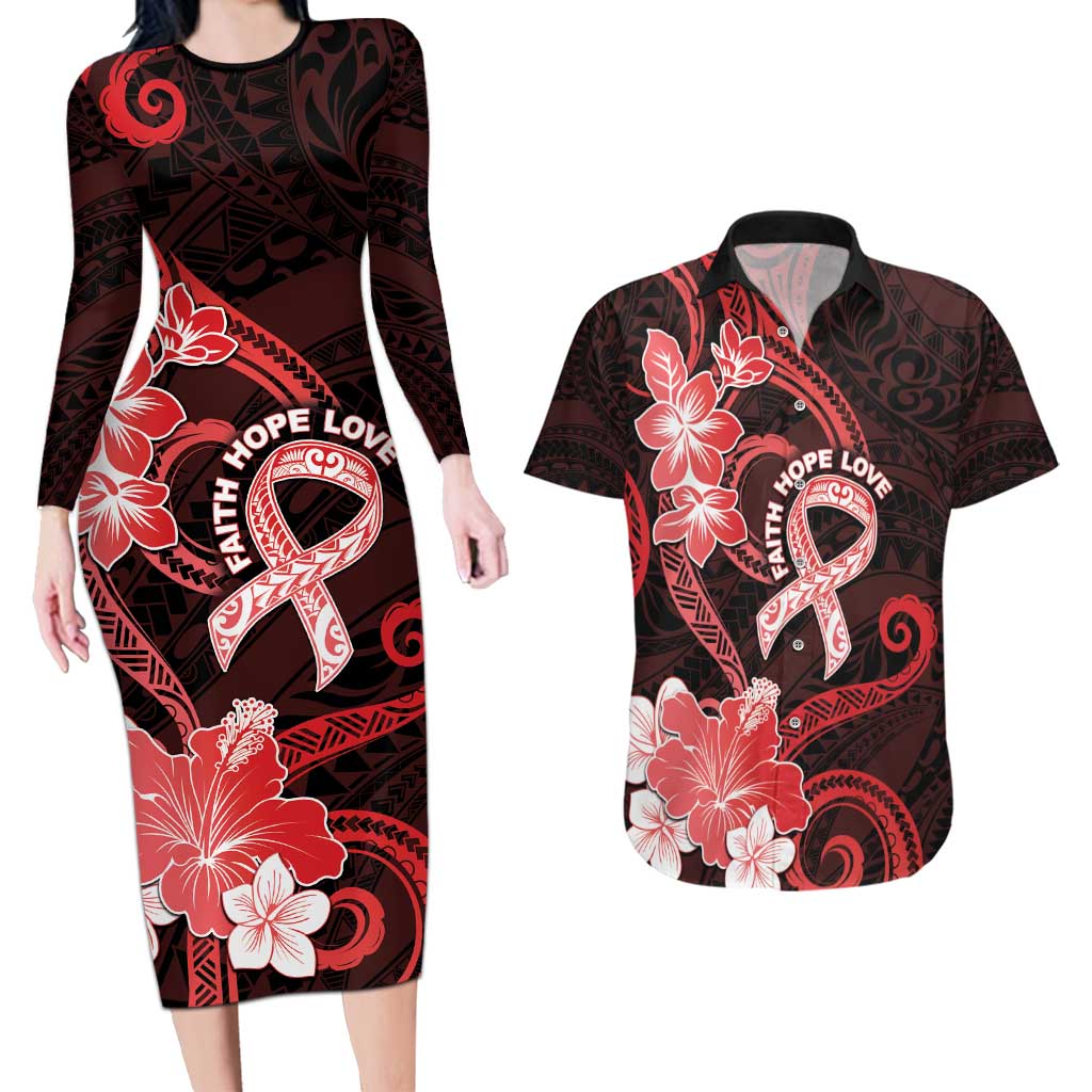 Heart Health Awareness Couples Matching Long Sleeve Bodycon Dress and Hawaiian Shirt Warrior Wears Red Polynesian Style LT05 Red - Polynesian Pride
