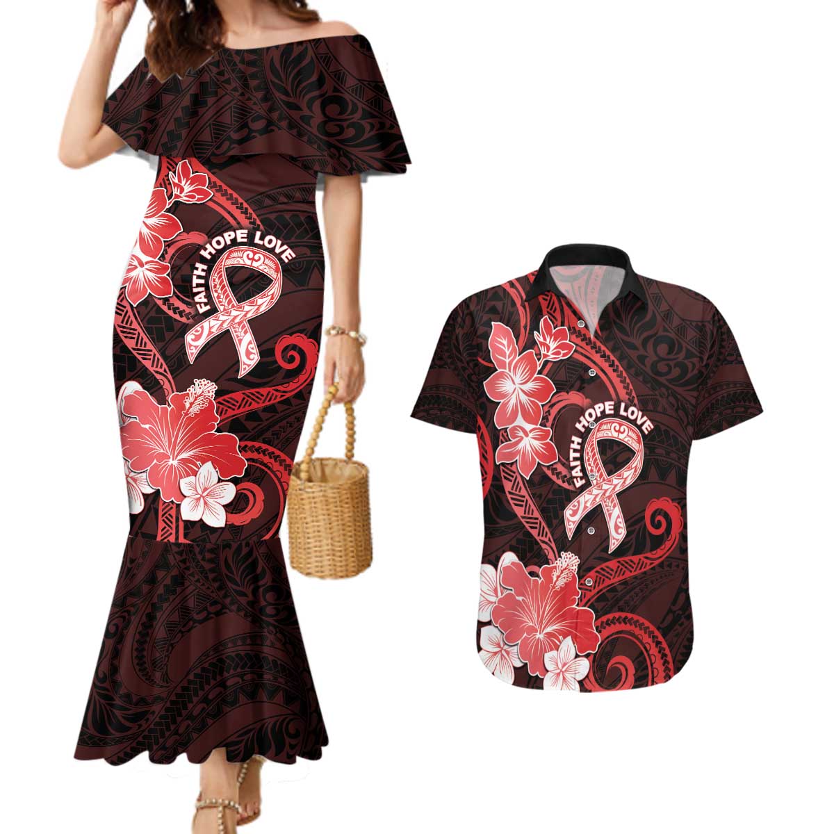 Heart Health Awareness Couples Matching Mermaid Dress and Hawaiian Shirt Warrior Wears Red Polynesian Style LT05 Red - Polynesian Pride