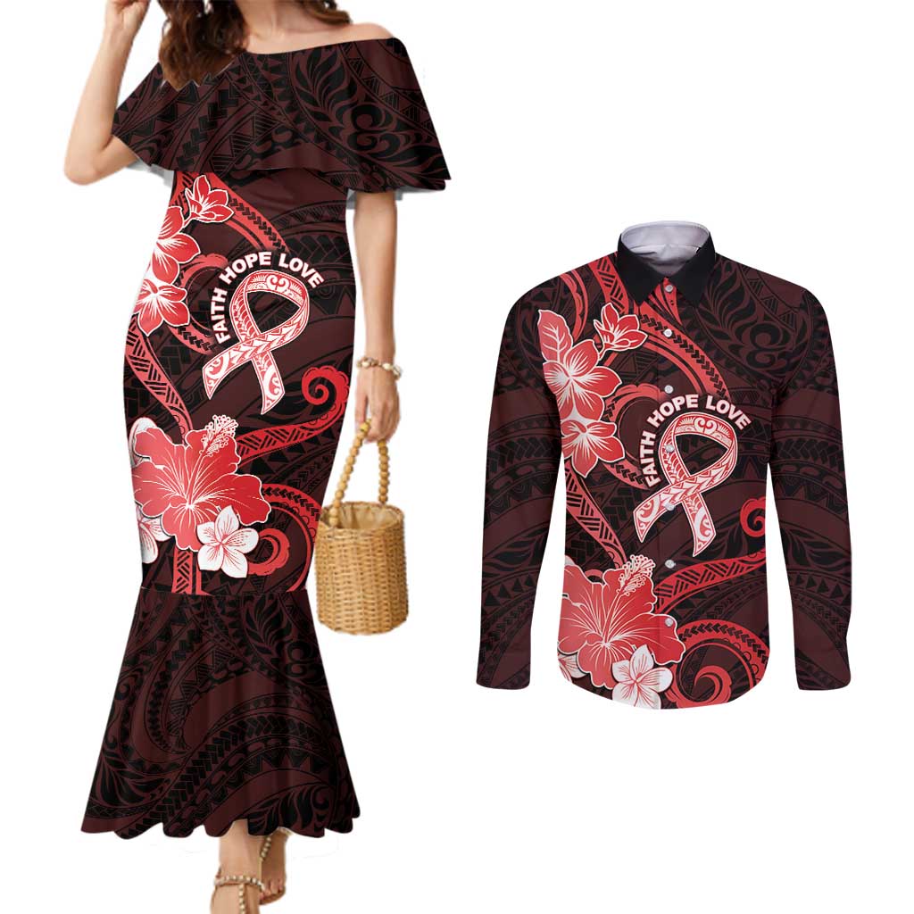 Heart Health Awareness Couples Matching Mermaid Dress and Long Sleeve Button Shirt Warrior Wears Red Polynesian Style LT05 Red - Polynesian Pride