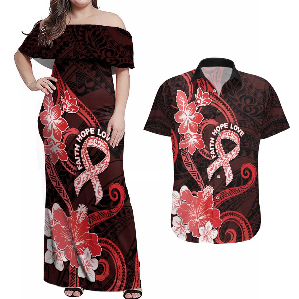 Heart Health Awareness Couples Matching Off Shoulder Maxi Dress and Hawaiian Shirt Warrior Wears Red Polynesian Style LT05 Red - Polynesian Pride