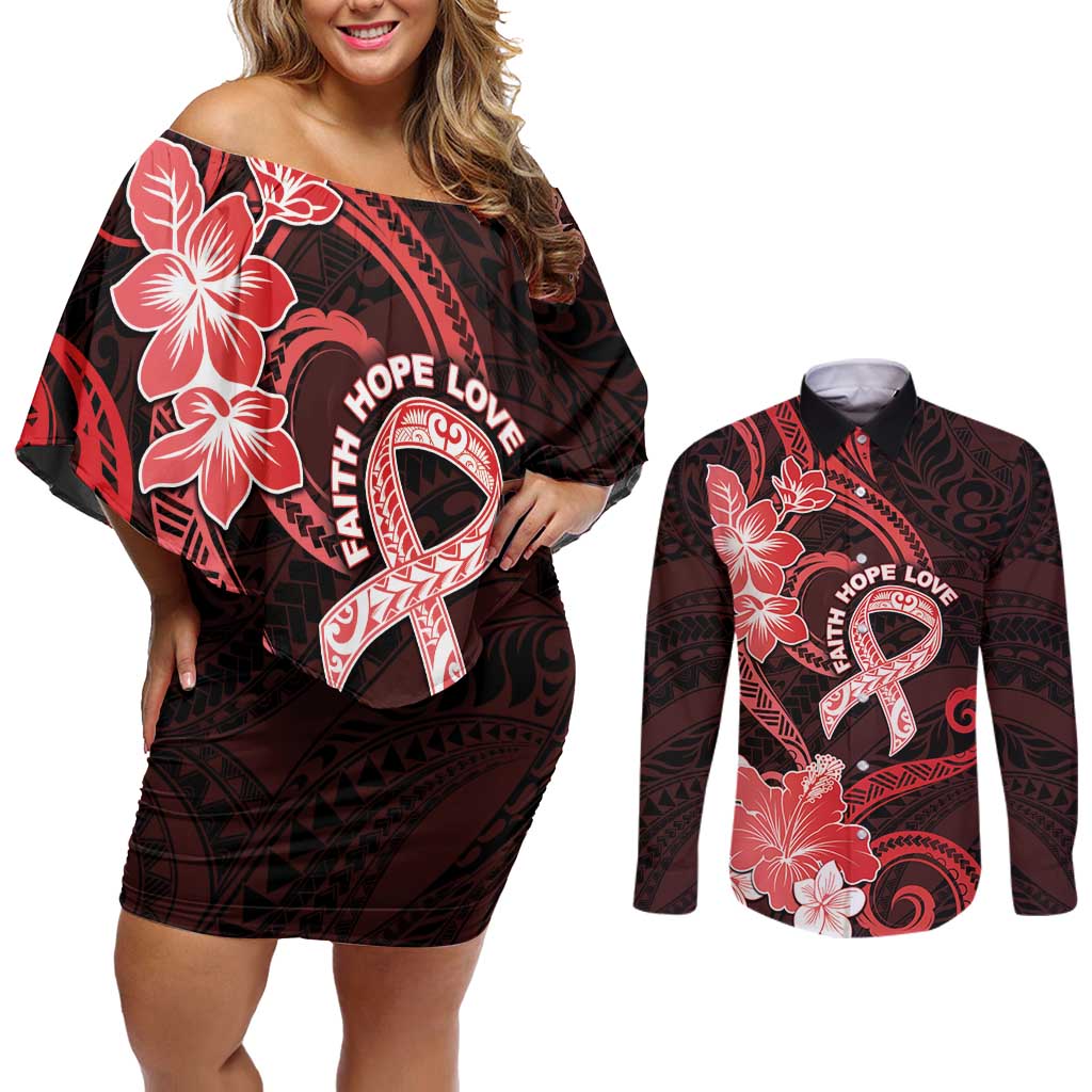 Heart Health Awareness Couples Matching Off Shoulder Short Dress and Long Sleeve Button Shirt Warrior Wears Red Polynesian Style LT05 Red - Polynesian Pride