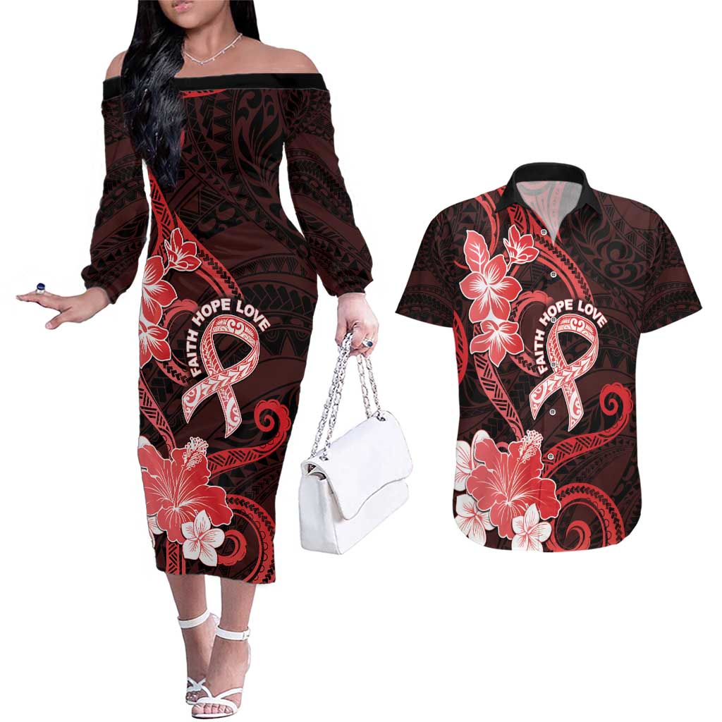 Heart Health Awareness Couples Matching Off The Shoulder Long Sleeve Dress and Hawaiian Shirt Warrior Wears Red Polynesian Style LT05 Red - Polynesian Pride
