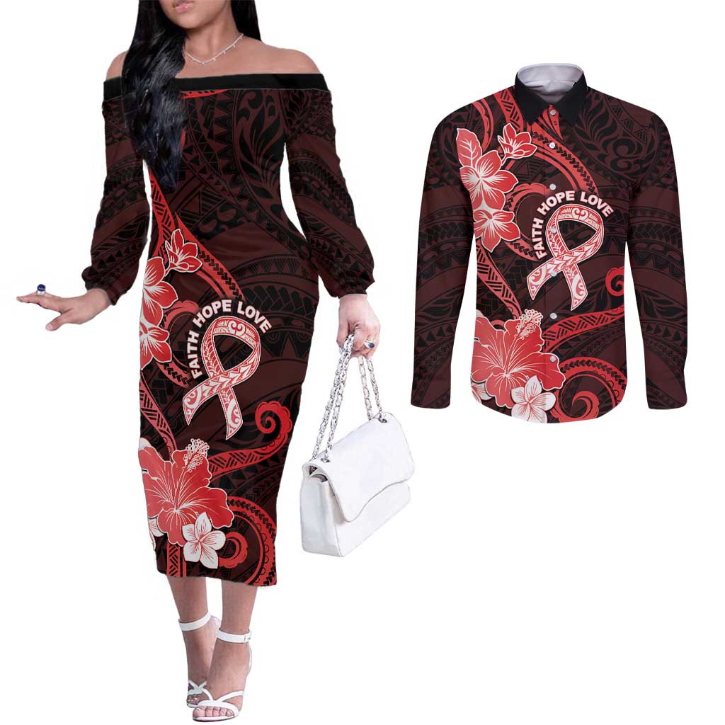 Heart Health Awareness Couples Matching Off The Shoulder Long Sleeve Dress and Long Sleeve Button Shirt Warrior Wears Red Polynesian Style LT05 Red - Polynesian Pride