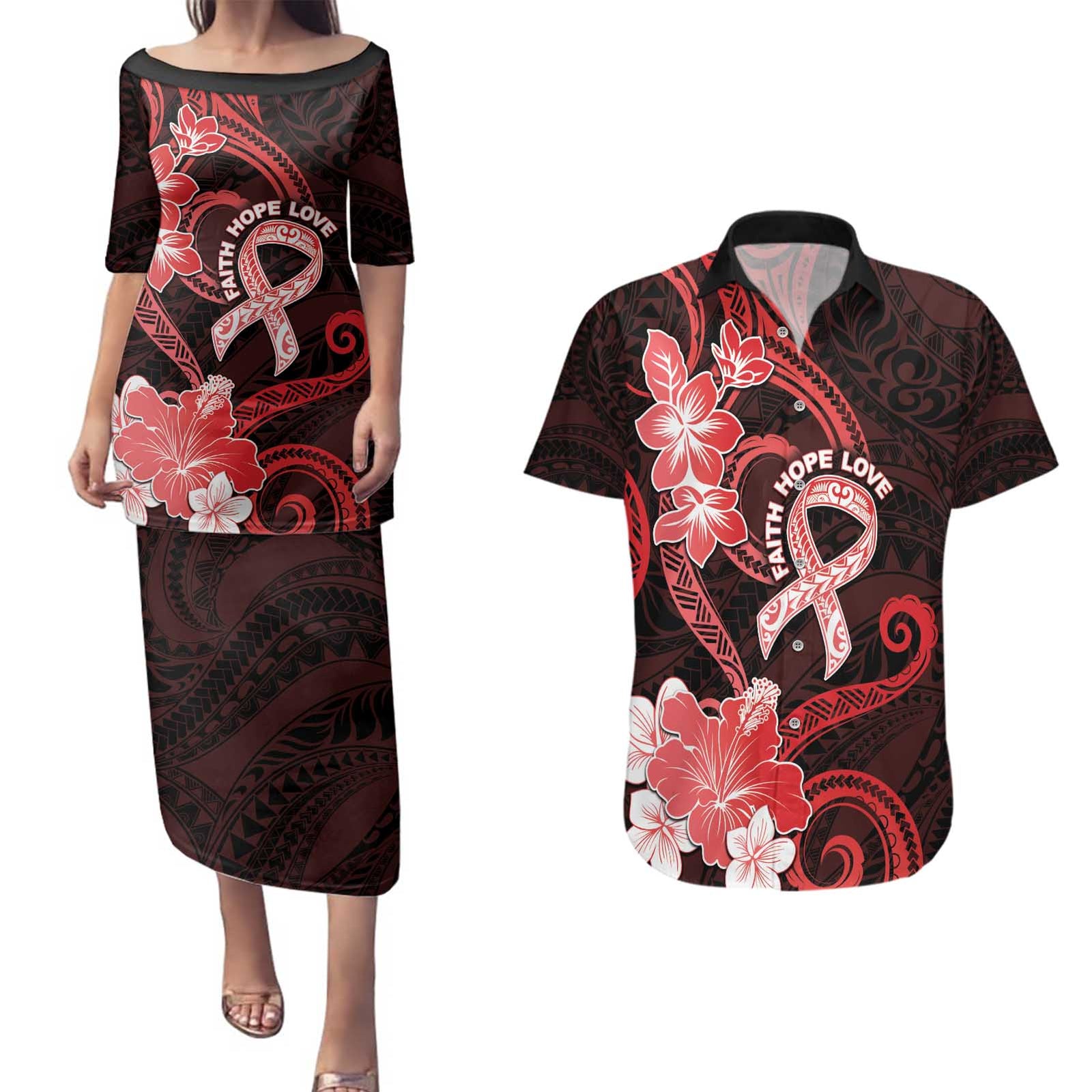 Heart Health Awareness Couples Matching Puletasi and Hawaiian Shirt Warrior Wears Red Polynesian Style LT05 Red - Polynesian Pride