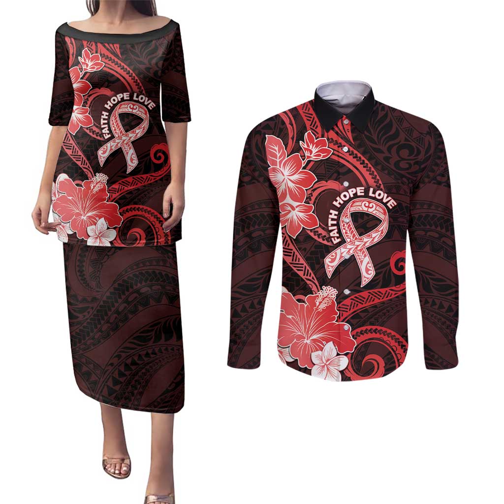 Heart Health Awareness Couples Matching Puletasi and Long Sleeve Button Shirt Warrior Wears Red Polynesian Style LT05 Red - Polynesian Pride