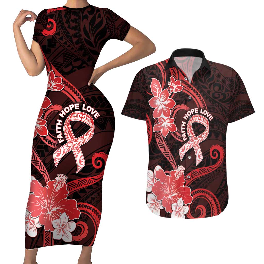 Heart Health Awareness Couples Matching Short Sleeve Bodycon Dress and Hawaiian Shirt Warrior Wears Red Polynesian Style LT05 Red - Polynesian Pride