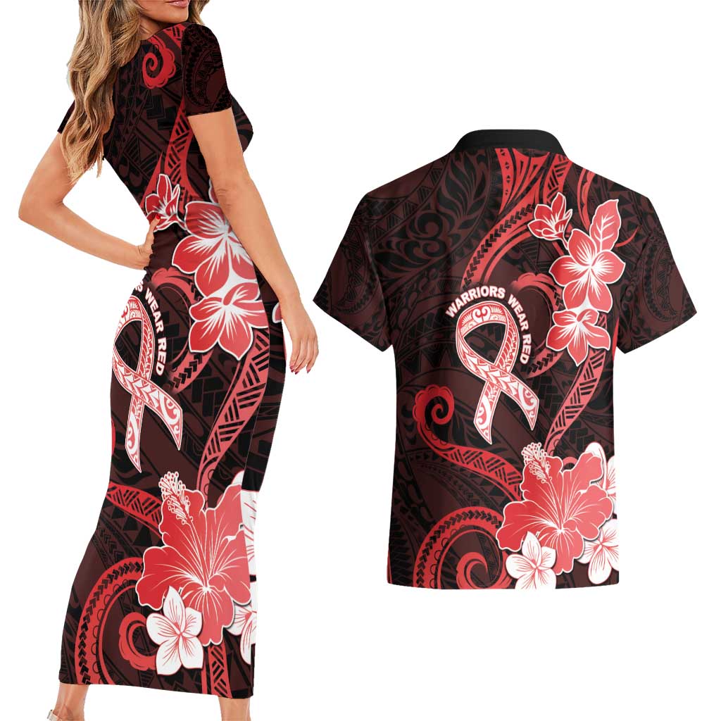 Heart Health Awareness Couples Matching Short Sleeve Bodycon Dress and Hawaiian Shirt Warrior Wears Red Polynesian Style LT05 - Polynesian Pride