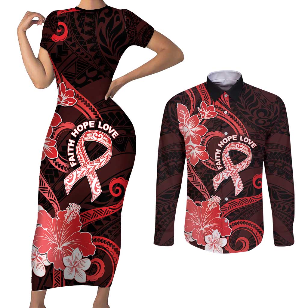 Heart Health Awareness Couples Matching Short Sleeve Bodycon Dress and Long Sleeve Button Shirt Warrior Wears Red Polynesian Style LT05 Red - Polynesian Pride