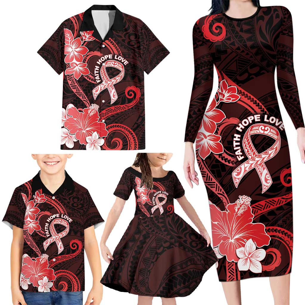 Heart Health Awareness Family Matching Long Sleeve Bodycon Dress and Hawaiian Shirt Warrior Wears Red Polynesian Style LT05 - Polynesian Pride
