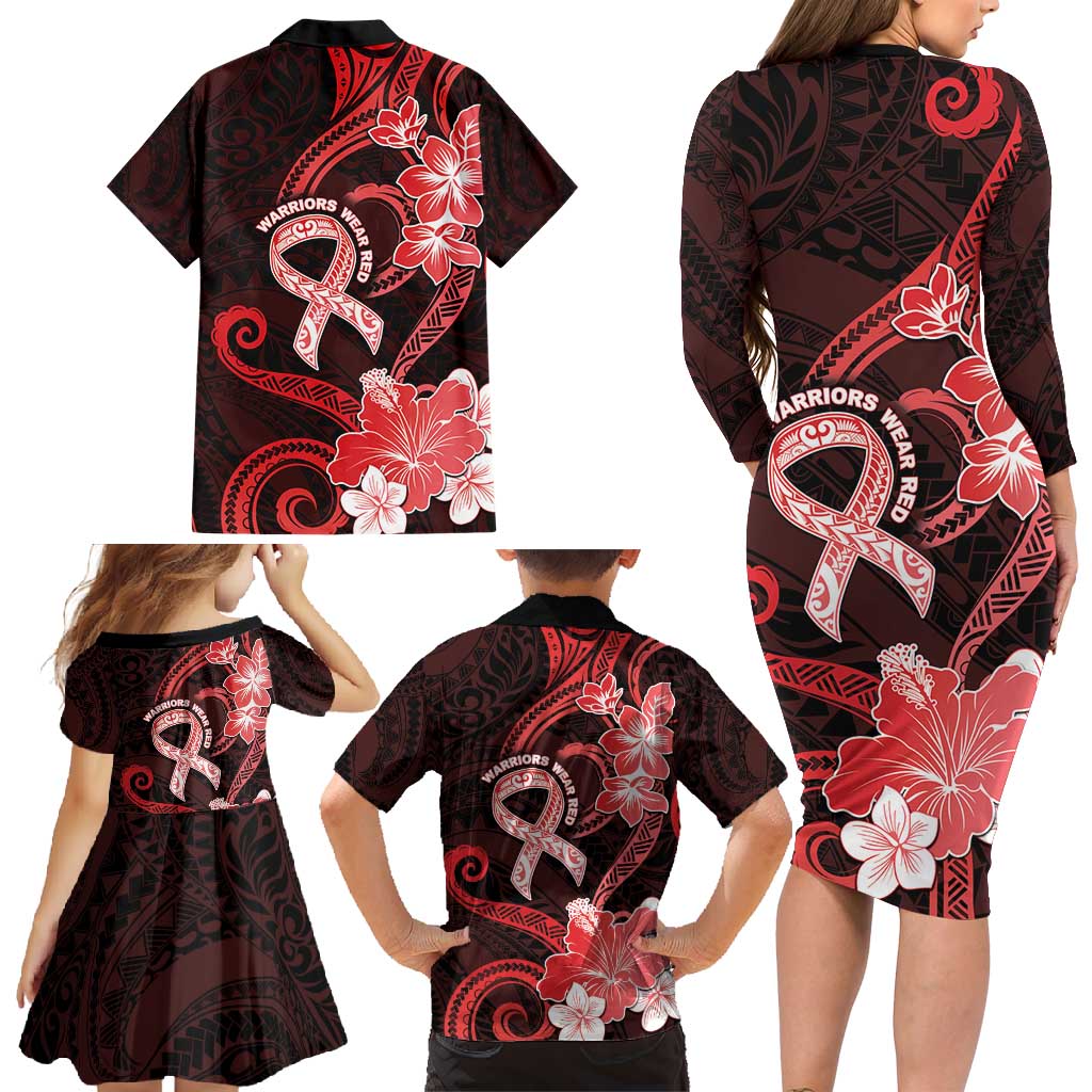 Heart Health Awareness Family Matching Long Sleeve Bodycon Dress and Hawaiian Shirt Warrior Wears Red Polynesian Style LT05 - Polynesian Pride