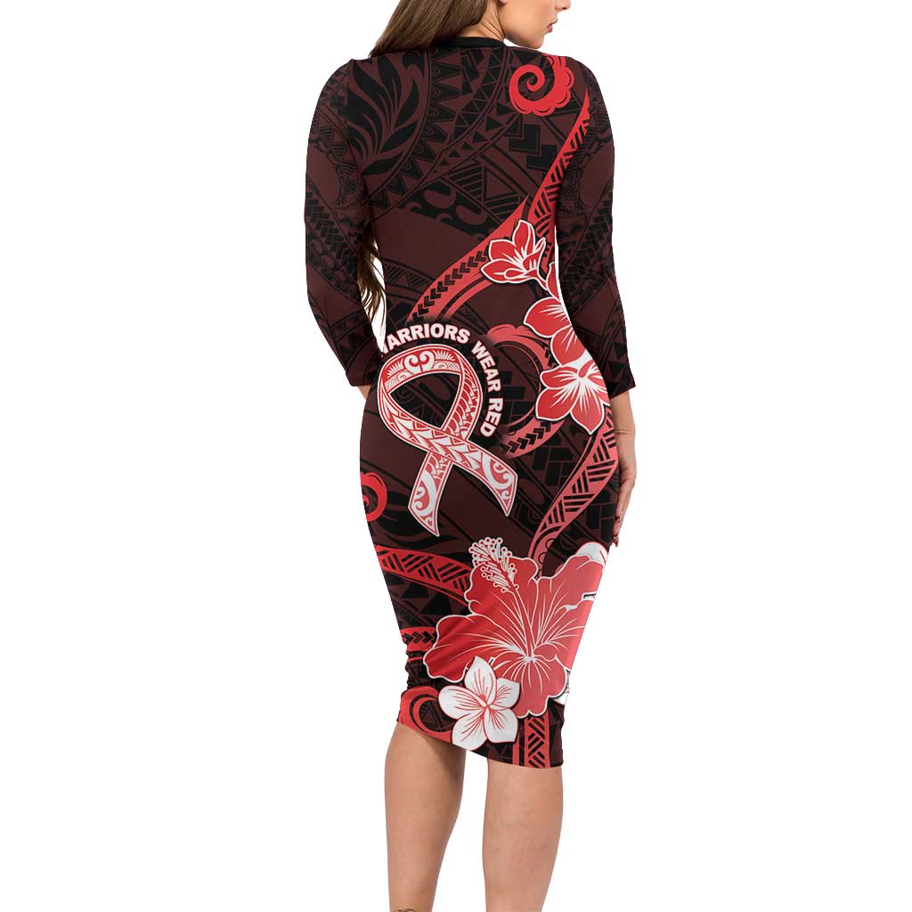 Heart Health Awareness Family Matching Long Sleeve Bodycon Dress and Hawaiian Shirt Warrior Wears Red Polynesian Style LT05 - Polynesian Pride