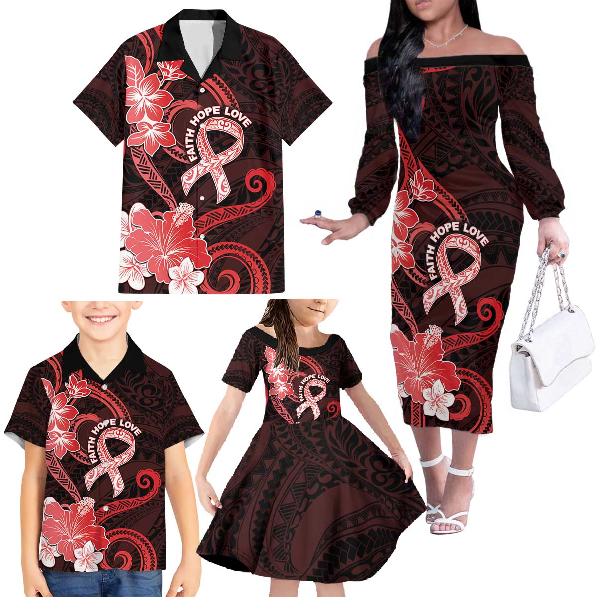 Heart Health Awareness Family Matching Off The Shoulder Long Sleeve Dress and Hawaiian Shirt Warrior Wears Red Polynesian Style LT05 - Polynesian Pride