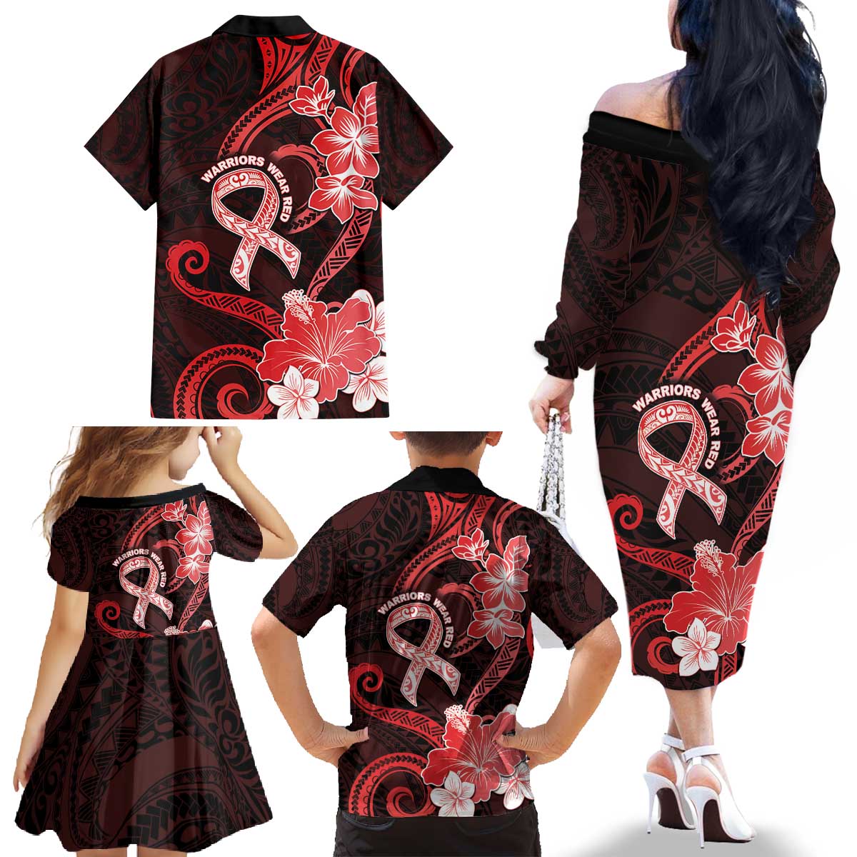 Heart Health Awareness Family Matching Off The Shoulder Long Sleeve Dress and Hawaiian Shirt Warrior Wears Red Polynesian Style LT05 - Polynesian Pride