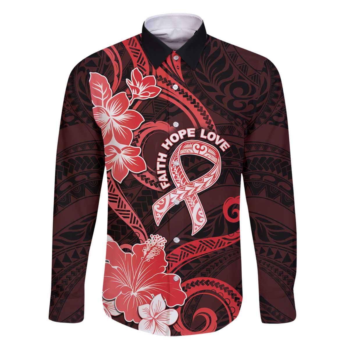 Heart Health Awareness Family Matching Off The Shoulder Long Sleeve Dress and Hawaiian Shirt Warrior Wears Red Polynesian Style LT05 Dad's Shirt - Long Sleeve Red - Polynesian Pride