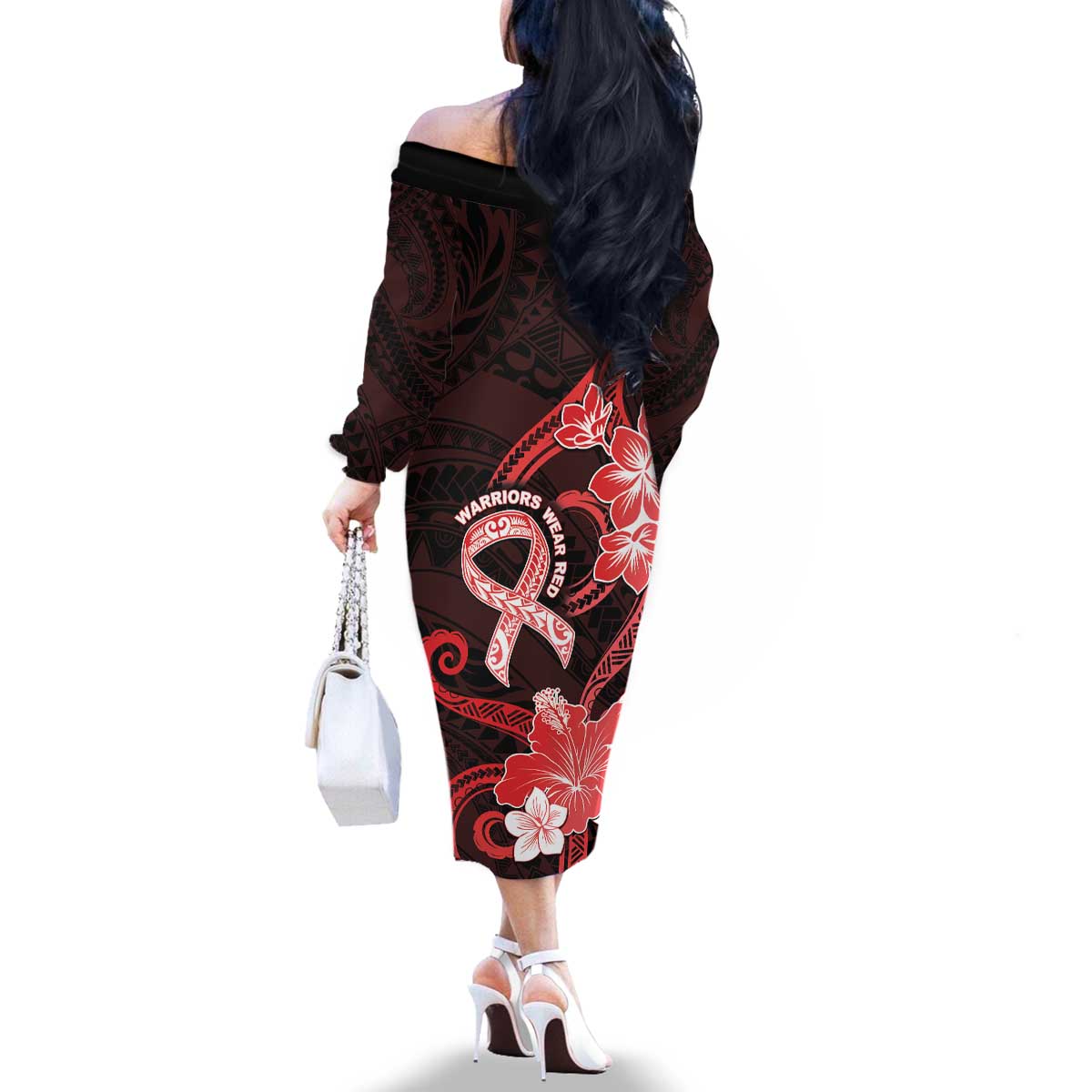 Heart Health Awareness Family Matching Off The Shoulder Long Sleeve Dress and Hawaiian Shirt Warrior Wears Red Polynesian Style LT05 - Polynesian Pride