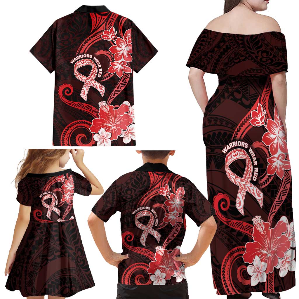 Heart Health Awareness Family Matching Off Shoulder Maxi Dress and Hawaiian Shirt Warrior Wears Red Polynesian Style LT05 - Polynesian Pride