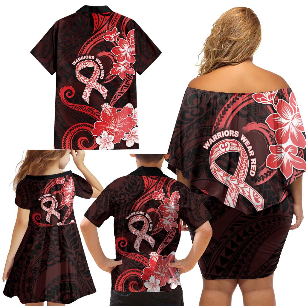 Heart Health Awareness Family Matching Off Shoulder Short Dress and Hawaiian Shirt Warrior Wears Red Polynesian Style LT05 - Polynesian Pride