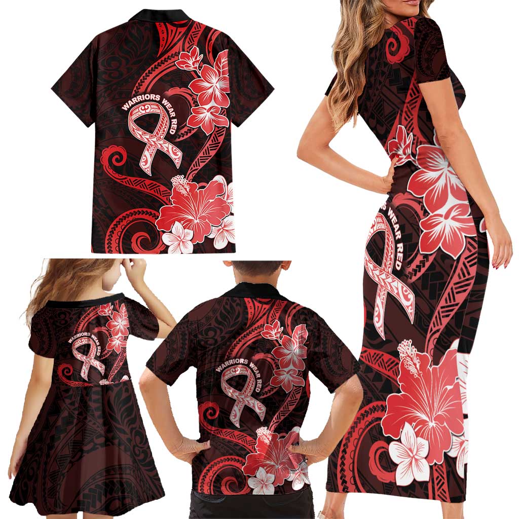 Heart Health Awareness Family Matching Short Sleeve Bodycon Dress and Hawaiian Shirt Warrior Wears Red Polynesian Style LT05 - Polynesian Pride