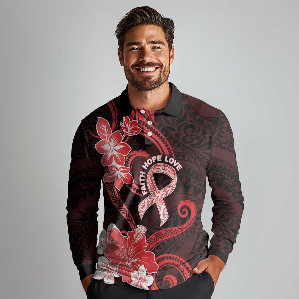 Heart Health Awareness Long Sleeve Polo Shirt Warrior Wears Red Polynesian Style
