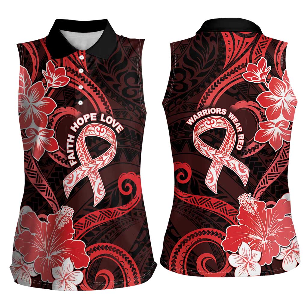 Heart Health Awareness Women Sleeveless Polo Shirt Warrior Wears Red Polynesian Style