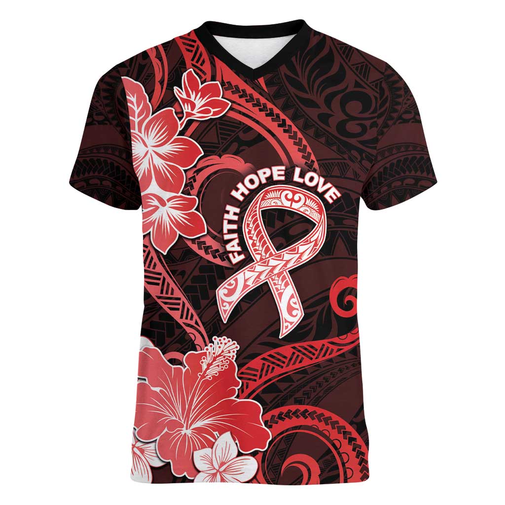 Heart Health Awareness Women V-Neck T-Shirt Warrior Wears Red Polynesian Style