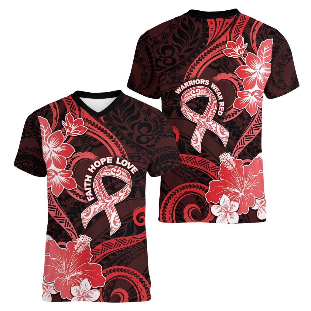 Heart Health Awareness Women V-Neck T-Shirt Warrior Wears Red Polynesian Style